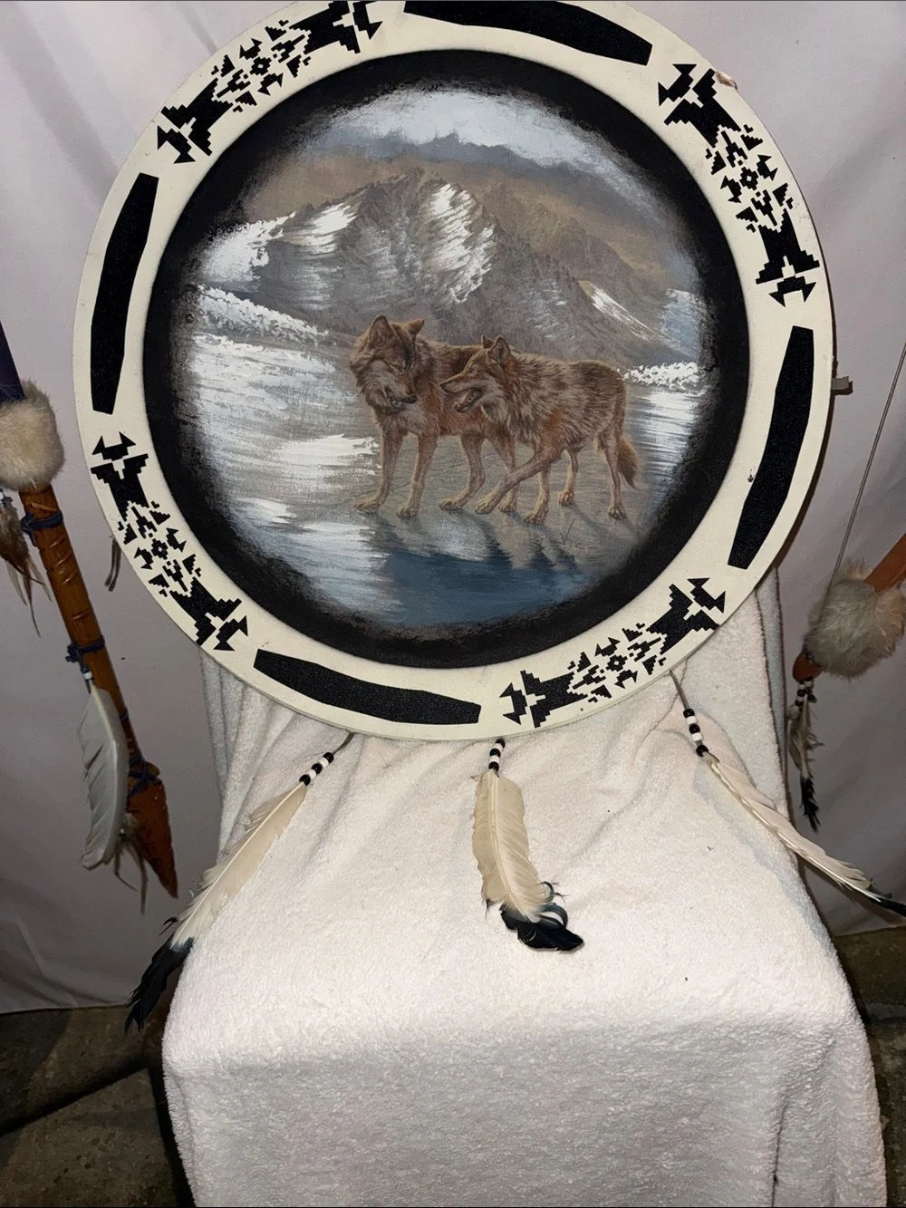 Hand-Painted Wolf Scene Wall Drum in Cream and Black